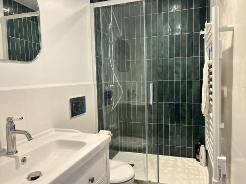 une salle de bain avec une douche, un lavabo et des toilettes dans l'établissement Ile de groix - T2 - centre-ville - TV, à Vannes