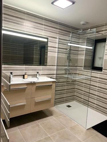 une salle de bain avec douche et lavabo dans l'établissement love aphrodite, à Bubry