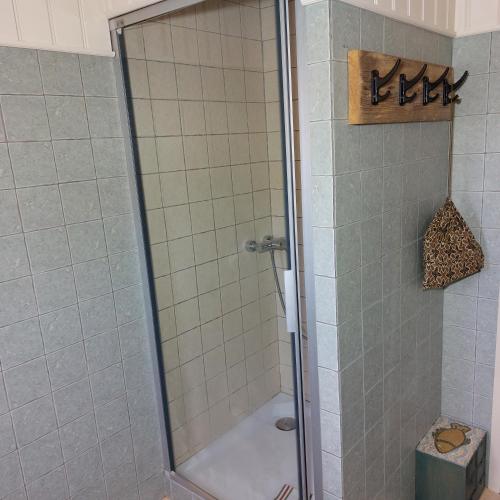 a shower with a glass door in a bathroom at Bed&Breakfast ons Oda in Sint-Oedenrode