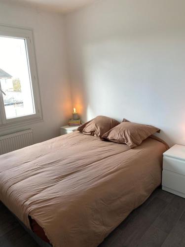 - un lit avec deux oreillers dans une chambre dotée d'une fenêtre dans l'établissement Appartement T3, à Joué-lès-Tours