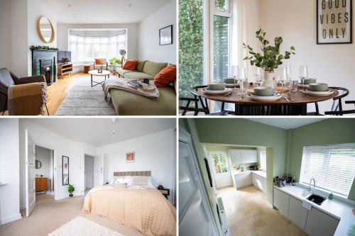 a collage of pictures of a living room and a bedroom at 4 Bed Sheffield House with Parking leisure or contractor in Fulwood