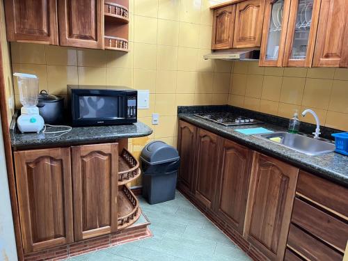 ボゴタにあるCasa cerca del CC Titán con seguridad Privadaの電子レンジとシンク付きのキッチン
