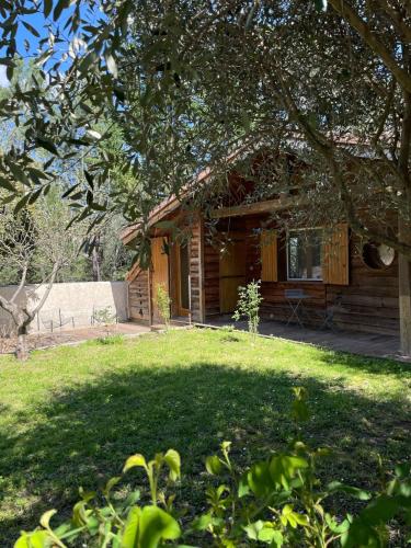 une cabane en rondins avec une pelouse devant elle dans l'établissement Le chalet des oliviers, à Vézénobres