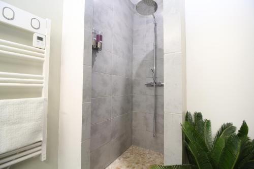 une douche avec une porte vitrée dans une salle de bain dans l'établissement T3 Appartement HYPERCENTRE PROCHE COMMERCE- PARKING - 2 Chambres Wifi Gratuit, à Avignon