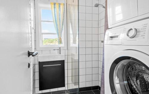 a washing machine in a bathroom with a window at Nice Home In Ry With Wifi in Ry