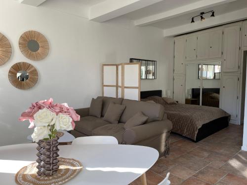 un salon avec un canapé et une table dans l'établissement CANNES SUQUET spacieux studio, à Cannes