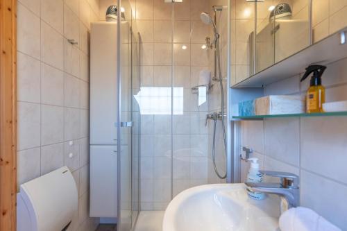 Un baño con ducha, lavabo e inodoro. en Deichblick, en Simonsberg