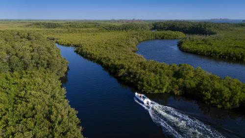 an aerial view of a boat traveling down a river at Les Palétuviers in Toubakouta