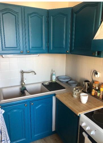 une cuisine avec des armoires bleues et un évier dans l'établissement Avignon T2 bis 54 m2 intra-muros 2ème ETAGE SANS ASCENSEUR, à Avignon
