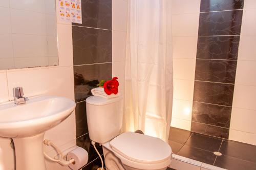 y baño con aseo blanco y lavamanos. en HOTEL RUTA 40 VILLA DE LEYVA, en Villa de Leyva