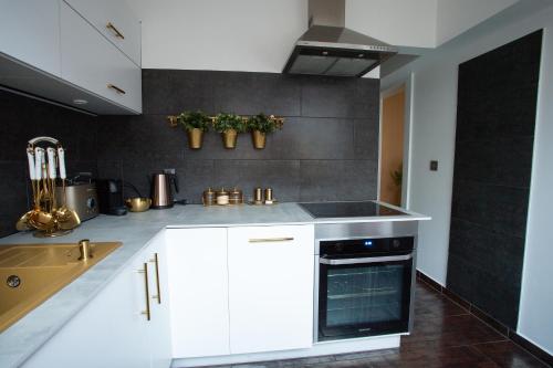 a kitchen with white cabinets and a stove at Katowice Golden Peacock - Grazynskiego 7 in Katowice