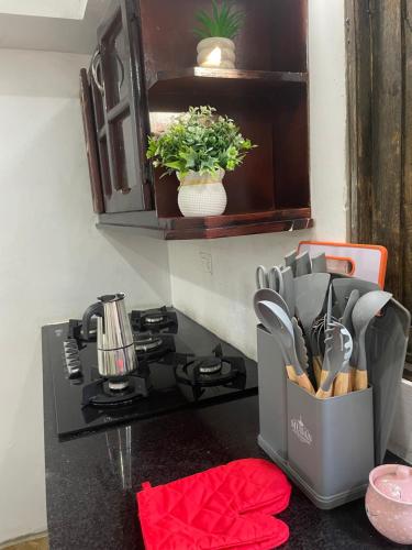a kitchen with a container of utensils on a counter at Dreamvilles Ecovillage Las Galeras in Las Galeras