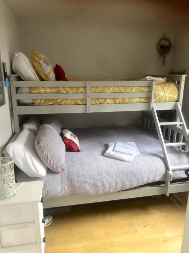 a bunk bed with pillows on it in a room at River View Lodge in Caeathro