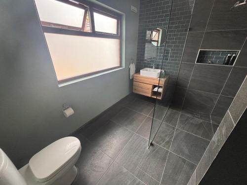a bathroom with a toilet and a glass shower at 30 on 6th in Bellville