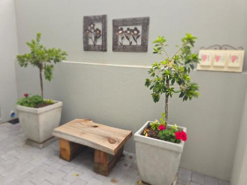 a room with two potted plants and a wooden table at Fifty Ridge in George