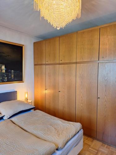 a bedroom with a bed and a chandelier at Darmstadt Living in Darmstadt