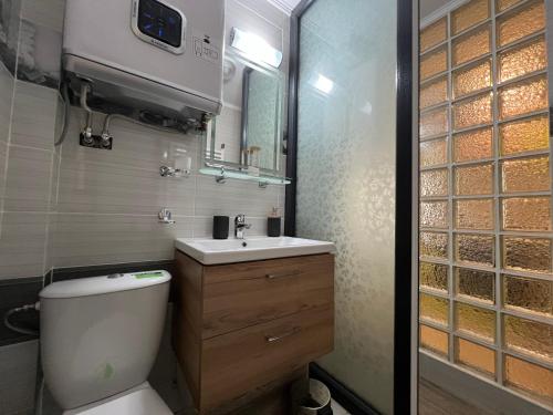 a bathroom with a toilet and a sink and a mirror at SouthBrise Apartments - Garsoniera Mangalia - 100m de plajă in Mangalia