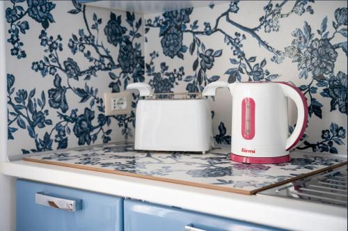 a kitchen with blue and white wallpaper and two appliances at Le Terrazze in Otranto