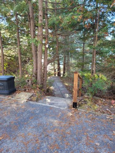 a path in the woods with a trash can at Le petit chalet sur le lac in Sainte-Marguerite