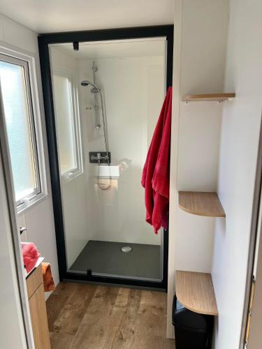 une douche avec une porte vitrée dans une salle de bain dans l'établissement Camping Siblu les Sables du Midi, à Valras-Plage