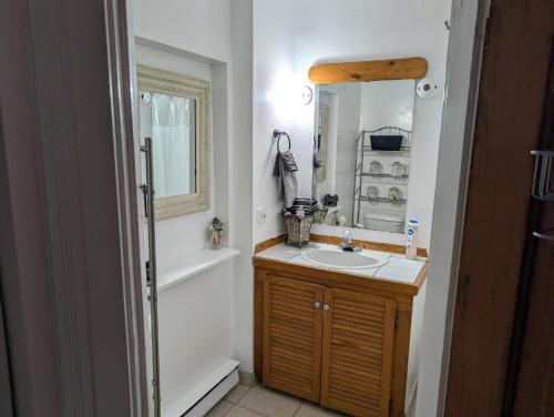 a bathroom with a sink and a mirror and a tub at Cozy 2-Bedroom Downtown Apartment in London