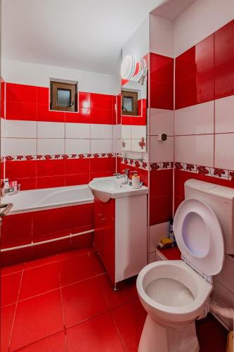 a red bathroom with a toilet and a sink at M Suite - close to the beach in Mangalia