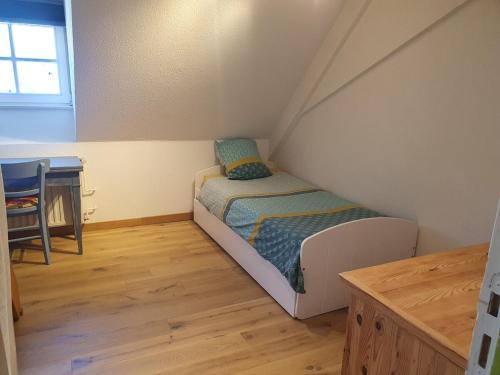 Cette petite chambre mansardée comprend un lit. dans l'établissement Mon Ptit Nid T3 Duplex au coeur de la Krutenau, à Strasbourg