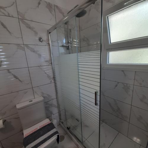 a bathroom with a shower and a toilet and a window at Apartment Zeus with private pool and sea view in Nisakion