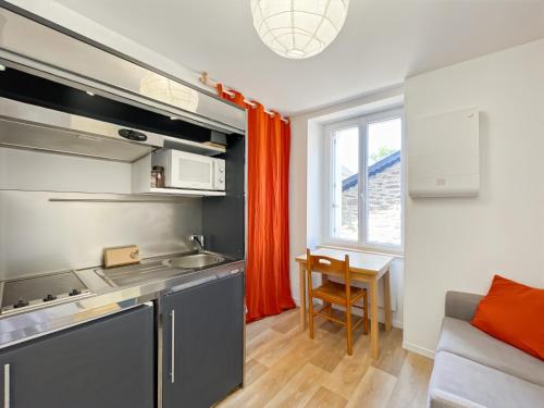 une cuisine avec un évier et un canapé dans une chambre dans l'établissement Topaze - Centre Historique - Proche Gare - Calme, à Rennes