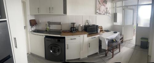 a kitchen with a sink and a washing machine at SapphireA@54 in Windhoek
