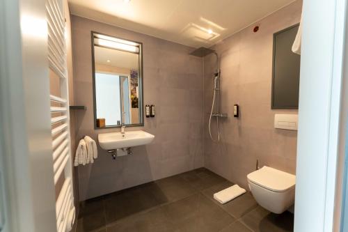a bathroom with a toilet and a sink and a mirror at Frames Hotel GmbH in Mülheim-Kärlich