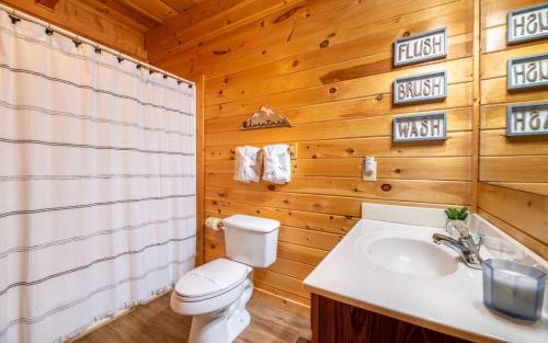 a bathroom with a toilet and a sink at Wanderlust in Sevierville