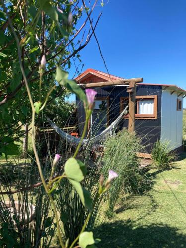 a house in a garden with flowers in the foreground at La Casita in Tacuarembó