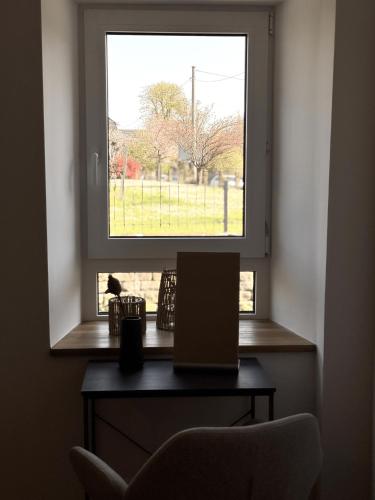 a window in a room with a table and a chair at WeinZeit13 in Neustadt an der Weinstraße
