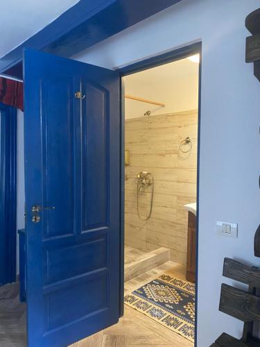 a blue door leading into a bathroom with a shower at Casa Soarelui in Murighiol