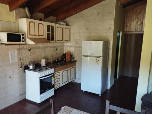 a kitchen with a white stove and a refrigerator at Casa de montaña Los Picus in Potrerillos
