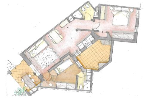 a drawing of a floor plan of a house at Baja Sardinia - Cala dei Ginepri, Villetta a 80m dalla Spiaggia in Cala Bitta