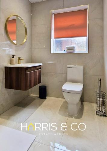 a bathroom with a toilet and a sink and a mirror at The Poulton Paradise in Poulton le Fylde