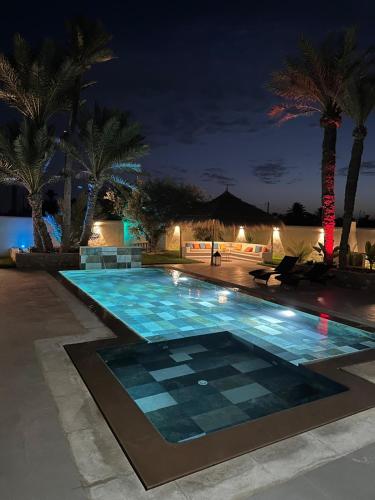 a swimming pool at night with palm trees and lights at Villa des deux oliviers Djerba in Djerba