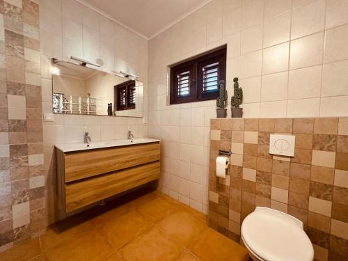 a bathroom with a sink and a toilet at Villa CuraSea in Jan Thiel