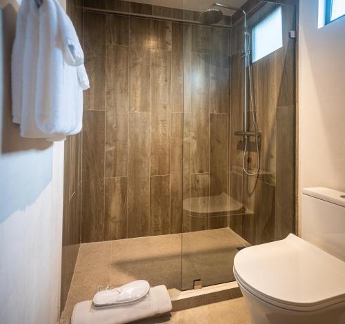 a bathroom with a shower and a toilet at Lia Hotel Jaco in Jacó