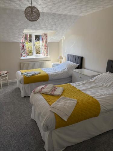 a bedroom with two beds and a window at Rosie's cottage in Woolfardisworthy