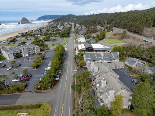 an aerial view of a town with a beach and houses at Cannon Beach Condo Ocean Views ! Close to Beach! in Cannon Beach