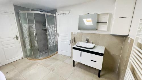 un baño con ducha y lavabo en Maison Antony, en Antony