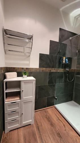 a bathroom with a shower with a white cabinet and a sink at Moselanker de in Enkirch Mosel in Enkirch