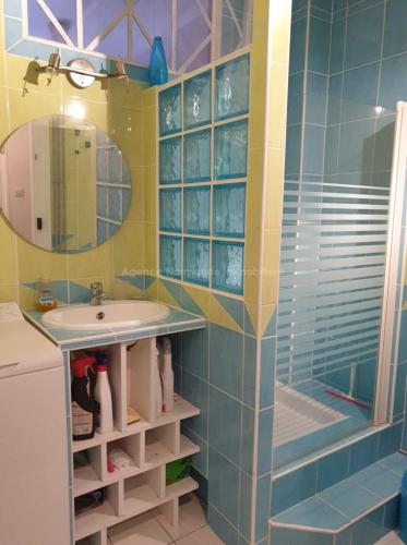 une salle de bain avec un lavabo et une douche avec un miroir dans l'établissement Résidence anglo normande, à Dieppe