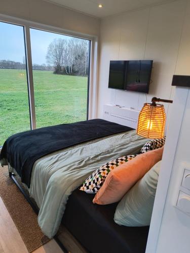 a bedroom with a bed and a large window at Natuurhuisje 't Hoogbos - Weidezicht in Schijf