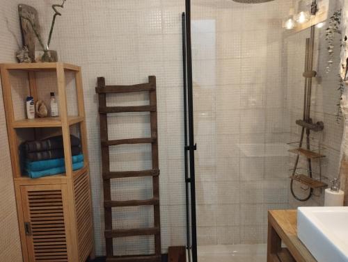 La salle de bains est pourvue d'une douche avec une échelle en bois. dans l'établissement Cabanon dans la calanque de la Vesse, à Le Rove
