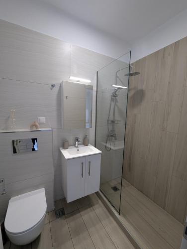 a bathroom with a toilet and a sink and a shower at 9 keys in Skala Rachoniou