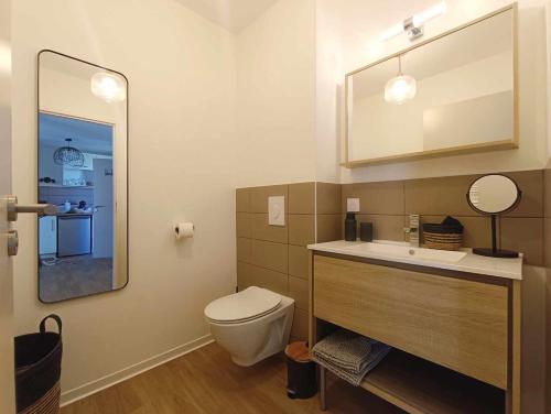 une salle de bain avec toilettes, lavabo et miroir dans l'établissement Suite romantique - Jolies Courbes, à Broons